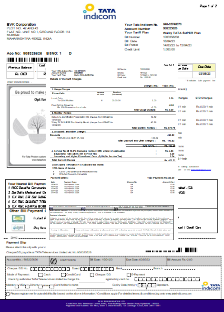 Tata Indicom mobile utility business bill, page 2, SCR PSD template